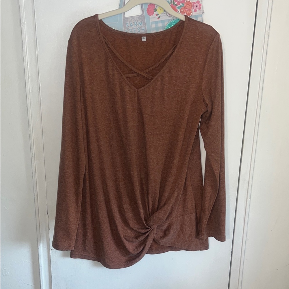 Women's Brown Twist-Hem Long Sleeve Top size Large